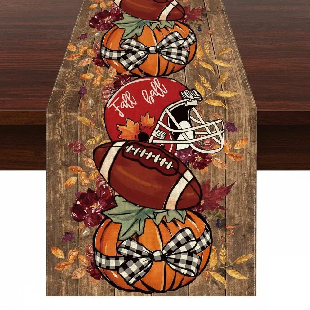 Football Table Runner Pumpkin Fall Decor Autumn Thanksgiving Decoration Cloth